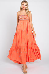 Coral Floral Embroidered Tiered Maternity Maxi Dress