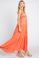 Coral Floral Embroidered Tiered Maxi Dress