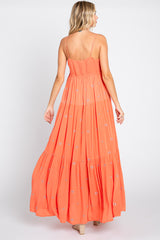 Coral Floral Embroidered Tiered Maxi Dress