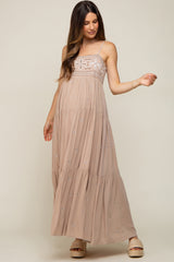 Light Mocha Floral Embroidered Tiered Maternity Maxi Dress