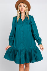 Hunter Green Button Down High Neck Long Sleeve Dress