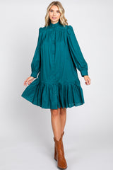 Hunter Green Button Down High Neck Long Sleeve Dress