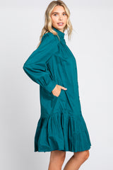 Hunter Green Button Down High Neck Long Sleeve Dress