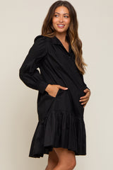 Black Button Down High Neck Long Sleeve Maternity Dress