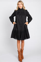 Black Button Down High Neck Long Sleeve Dress