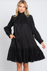 Black Button Down High Neck Long Sleeve Dress