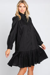 Black Button Down High Neck Long Sleeve Dress