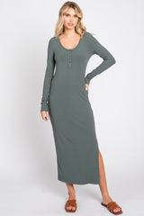 Olive Ribbed Front Button Long Sleeve Maternity Midi Dress