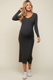 Charcoal Ribbed Front Button Long Sleeve Maternity Midi Dress