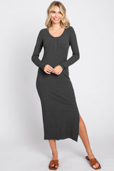 Charcoal Ribbed Front Button Long Sleeve Maternity Midi Dress