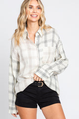 Ivory Gauze Plaid Button Up Top