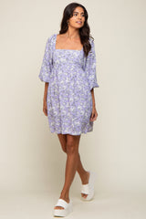 Lavender Floral Square Neck Back Cut Out Tie Dress