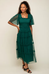 Forest Green Ruffled Mesh Maxi Dress