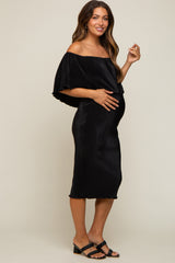 Black Pleated Rib Off Shoulder Maternity Dress