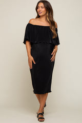 Black Pleated Rib Off Shoulder Maternity Dress