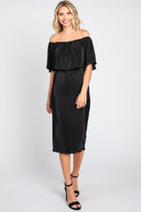 Black Pleated Rib Off Shoulder Dress