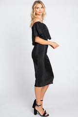 Black Pleated Rib Off Shoulder Dress