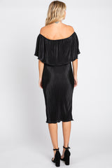 Black Pleated Rib Off Shoulder Dress