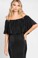 Black Pleated Rib Off Shoulder Dress