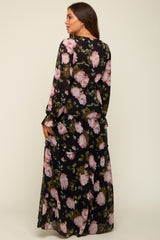 Black Floral Chiffon V-Neck Lettuce Edge Tiered Maternity Maxi Dress