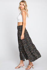 Black Leaf Print Side Slit Midi Skirt