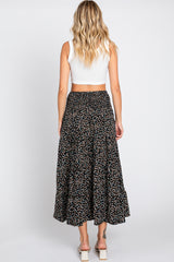 Black Leaf Print Side Slit Midi Skirt