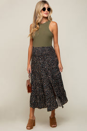 Black Leaf Print Side Slit Maternity Midi Skirt