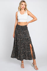 Black Leaf Print Side Slit Maternity Midi Skirt