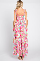 Fuchsia Floral Chiffon Smocked Shoulder Tie Ruffle Tiered Maxi Dress