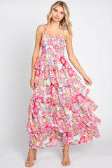 Fuchsia Floral Chiffon Smocked Shoulder Tie Ruffle Tiered Maxi Dress