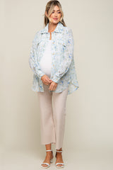 Blue Pleated Floral Oversized Maternity Blouse