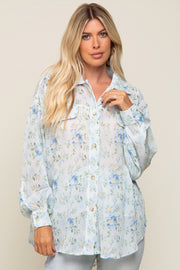 Blue Pleated Floral Oversized Blouse