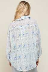 Blue Pleated Floral Oversized Blouse