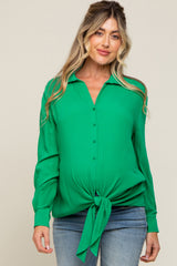 Green Collared Button Down Knotted Maternity Shirt