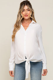 White Collared Button Down Knotted Maternity Shirt