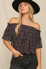 Black Smocked Neckline Off Shoulder Top