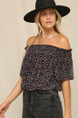 Black Smocked Neckline Off Shoulder Top