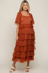 Camel Tulle Smocked Square Neck Tiered Maternity Midi Dress