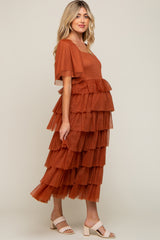 Camel Tulle Smocked Square Neck Tiered Maternity Midi Dress