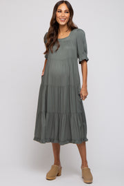 Olive Tiered Ruffle Hem Maternity Midi Dress