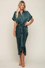 Green Satin Button Down Gathered Maternity Midi Dress