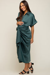 Green Satin Button Down Gathered Maternity Midi Dress