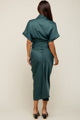 Green Satin Button Down Gathered Maternity Midi Dress