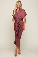 Mauve Satin Button Down Gathered Midi Dress