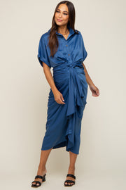 Navy Satin Button Down Gathered Maternity Midi Dress