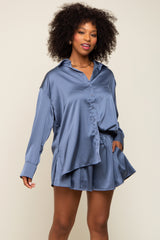 Blue Satin Button Down Maternity Short Sleep Set