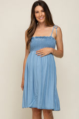 Blue Chambray Smocked Shoulder Tie Maternity Dress