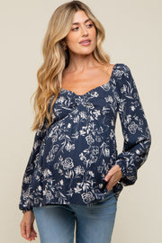 Navy Floral Sweetheart Neck Long Sleeve Maternity Top