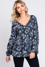 Navy Floral Sweetheart Neck Long Sleeve Top