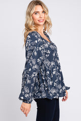 Navy Floral Sweetheart Neck Long Sleeve Top